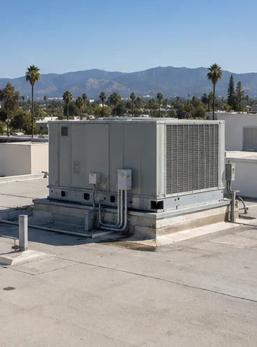 Finished: a new rooftop package unit on a curb adapter, mountains and palms behind a flat commercial roof.