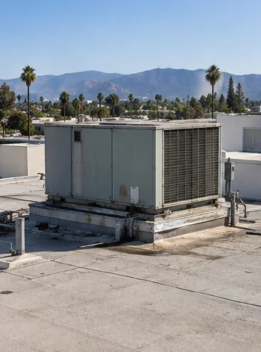 Before: a faded, rusting rooftop unit on the same curb.