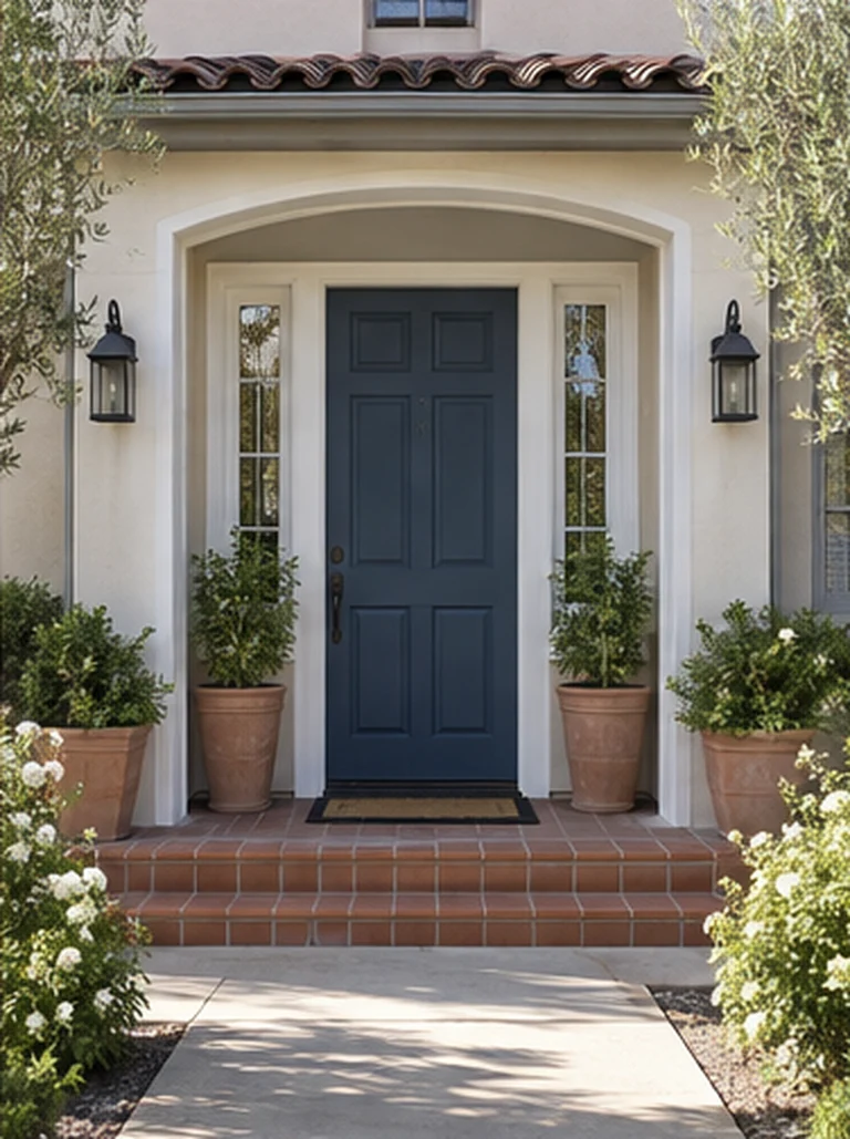 Arched entry with a front door painted near-black navy, cream stucco, two lanterns and potted olive trees.