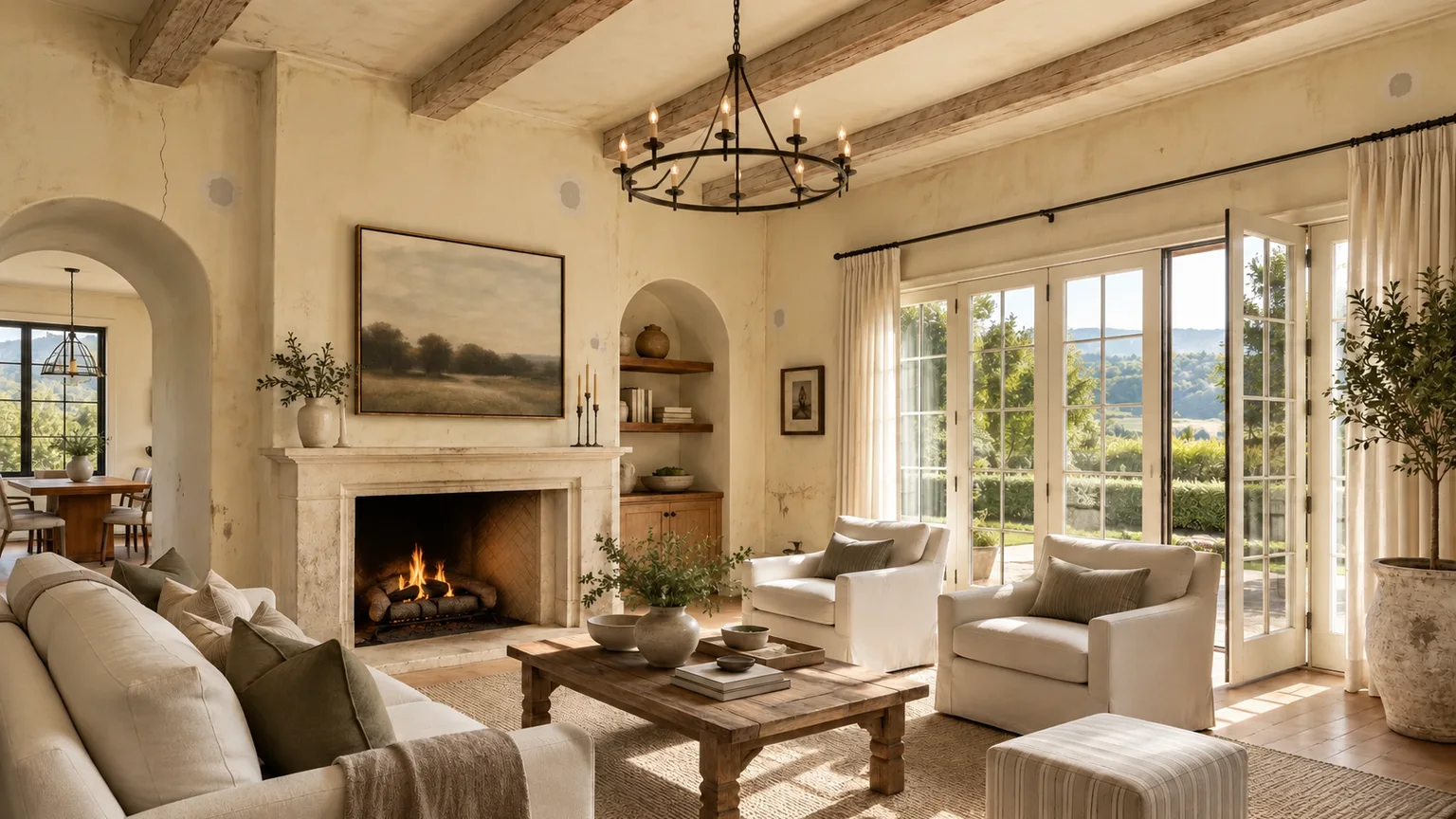 Before: an Old Palo Alto living room with yellowed walls, scuffs and patched drywall.