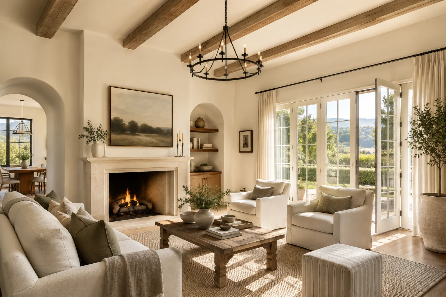 A living room in warm linen white with exposed beams, a stone fireplace and French doors open to the garden.