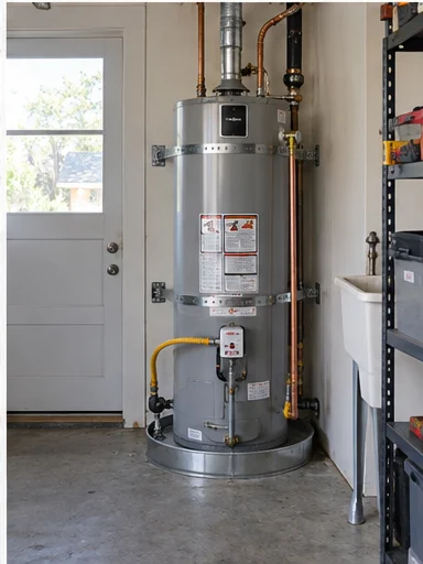Finished install: a new gray water heater on a stand with copper lines, seismic straps and a drain pan.