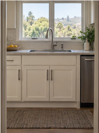 Finished kitchen sink: new chrome faucet, clean white cabinets and a window onto the trees.