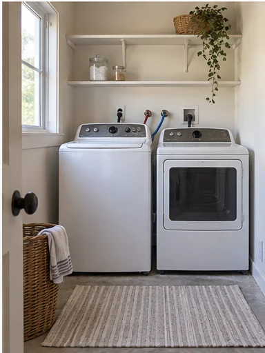 Finished laundry: washer and dryer installed in a clean white alcove with shelving.