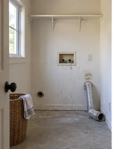 Before: an empty laundry alcove with a hole opened in the drywall.