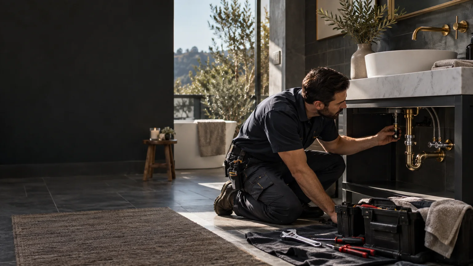 A uniformed plumber kneeling at a finished stone vanity, tightening the chrome supply lines in a bright bathroom.