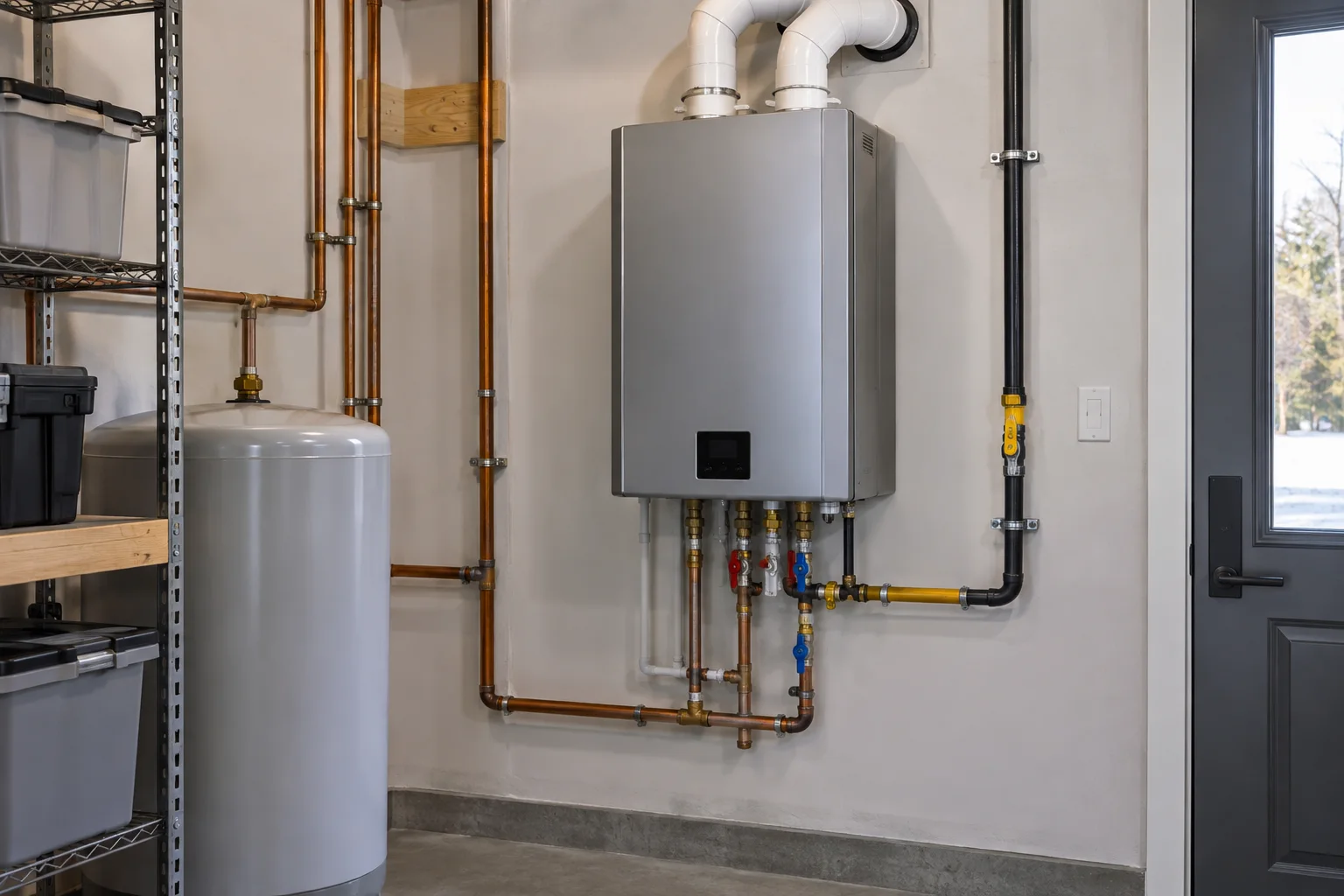 Finished tankless water heater installation on a garage wall with neat copper lines and an expansion tank.