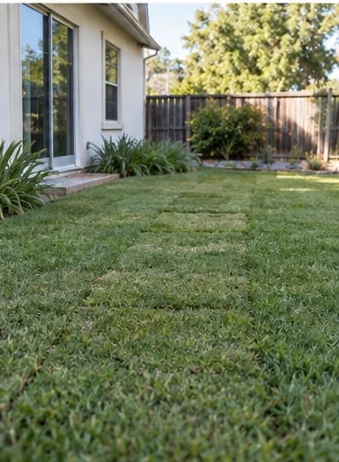 Finished yard: the lawn restored after the sewer repair, no sign of the trench.