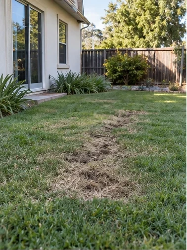 Before: a lawn marked with paint lines where the sewer lateral runs.