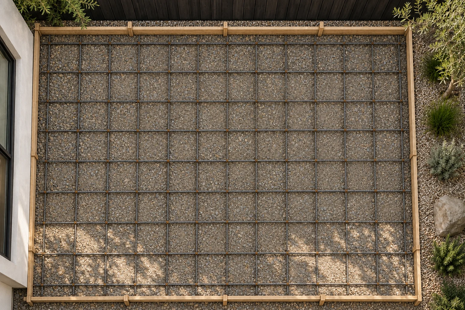 Berryessa utility slab before the pour, with formwork, a gravel base and a reinforcing grid