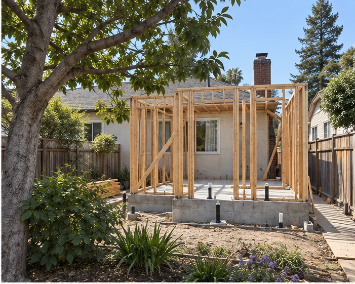Willow Glen addition, rough framing: Walls and trusses up, inspected the same week.