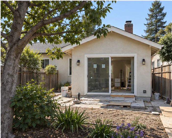 Willow Glen addition, finishes: Stucco cured, interior painted, floor going in.