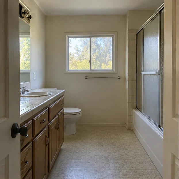 The same bathroom before the remodel: an oak vanity, a tub with sliding glass doors and beige tile.
