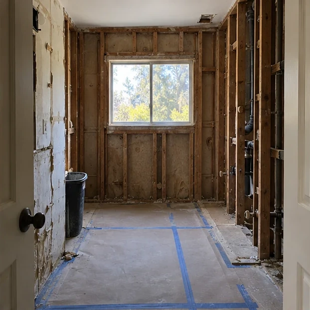 Rose Garden bath, opened up: Tub, tile and vanity out. Subfloor checked and sistered.