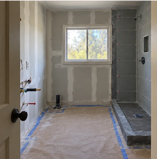 Rose Garden bath, prepared surfaces: Backer board, hot-mop pan, flood test passed.