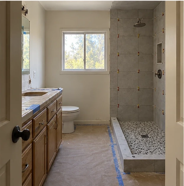 Rose Garden bath, final details: Glass panel measured and set, mirror and sconces hung.