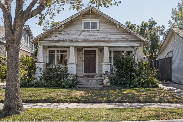 The same bungalow before the renovation: peeling paint, a sagging porch, overgrown shrubs and a cracked path.