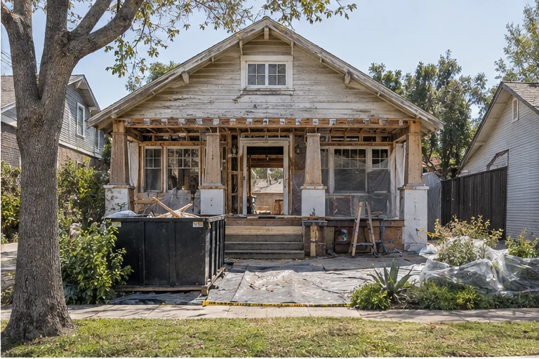 Evergreen exterior, protection and demo: Shrubs out, old porch down, dumpster on the drive.