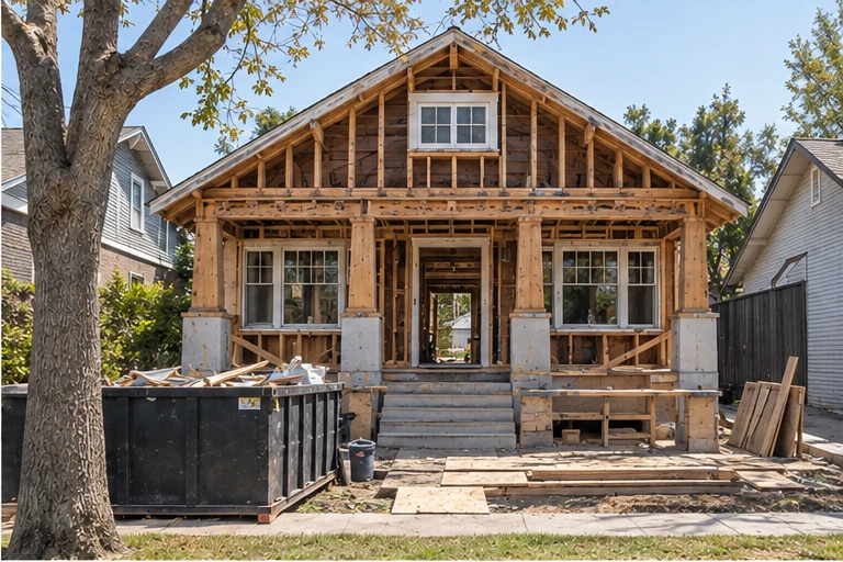 Evergreen exterior, porch framing: New footings poured, posts and beams up.
