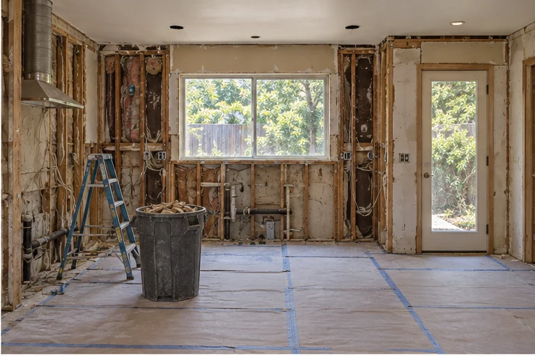 Almaden kitchen, protection: Floors boarded, dust walls up, fridge moved to the garage.