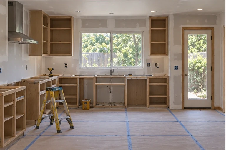 Almaden kitchen, rough-ins: Island circuits, new sink line, hood duct through the attic.