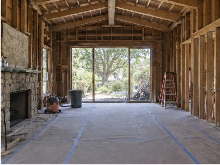 Cambrian living room, opened up: Panelling, carpet and the flat ceiling out. Trusses exposed.