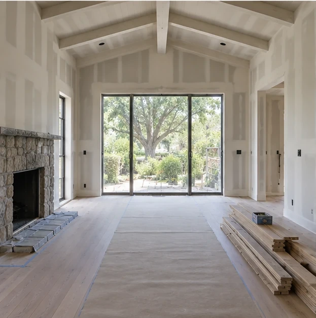Cambrian living room, prepared surfaces: Drywall and ceiling boards up, slider in.
