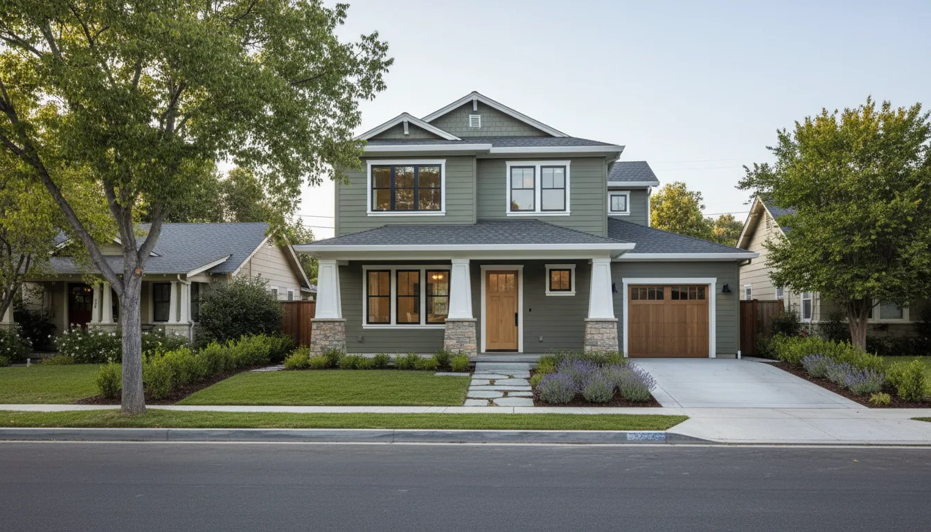 The finished modern craftsman home from the sidewalk.