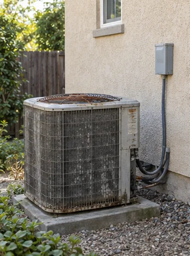 Before: a rusted, dented condenser with bent fins on a cracked pad.