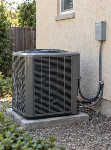 A new gray heat-pump condenser on a fresh concrete pad beside a stucco wall with a tidy line-set cover.