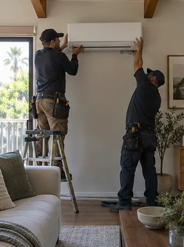 A window unit gone, a ductless head in its place: stage 5, install.