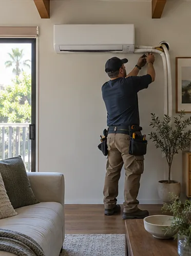 A window unit gone, a ductless head in its place: stage 6, connect.