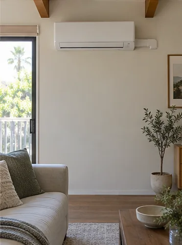 A white wall-mounted ductless mini-split head high on a living-room wall above a sofa, the window-unit opening patched and painted.