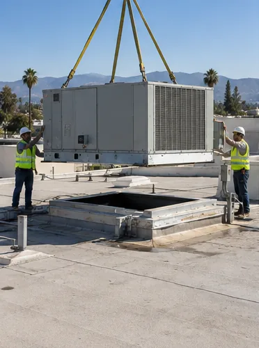 A fourplex rooftop unit, craned and commissioned: stage 5, install.