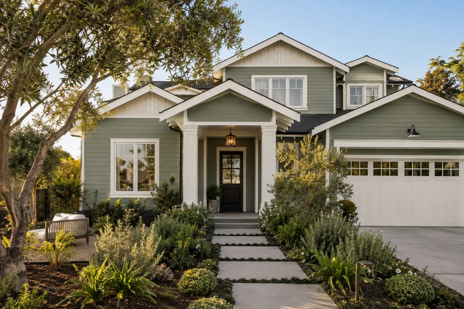 A finished craftsman house painted sage with white trim.