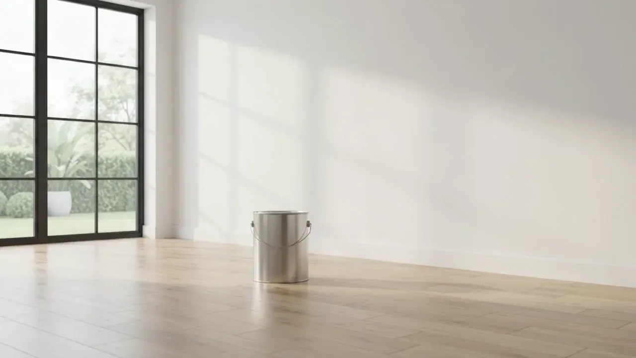 The same study before: primed white walls and a paint can on the floor.