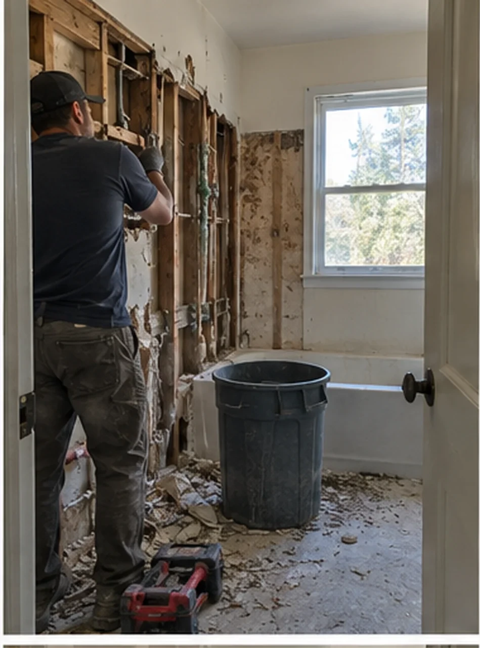 Niles hall bath, Opened up: Tub, tile and vanity out. Galvanized lines exposed; the drain was cast iron with a crack at the hub.