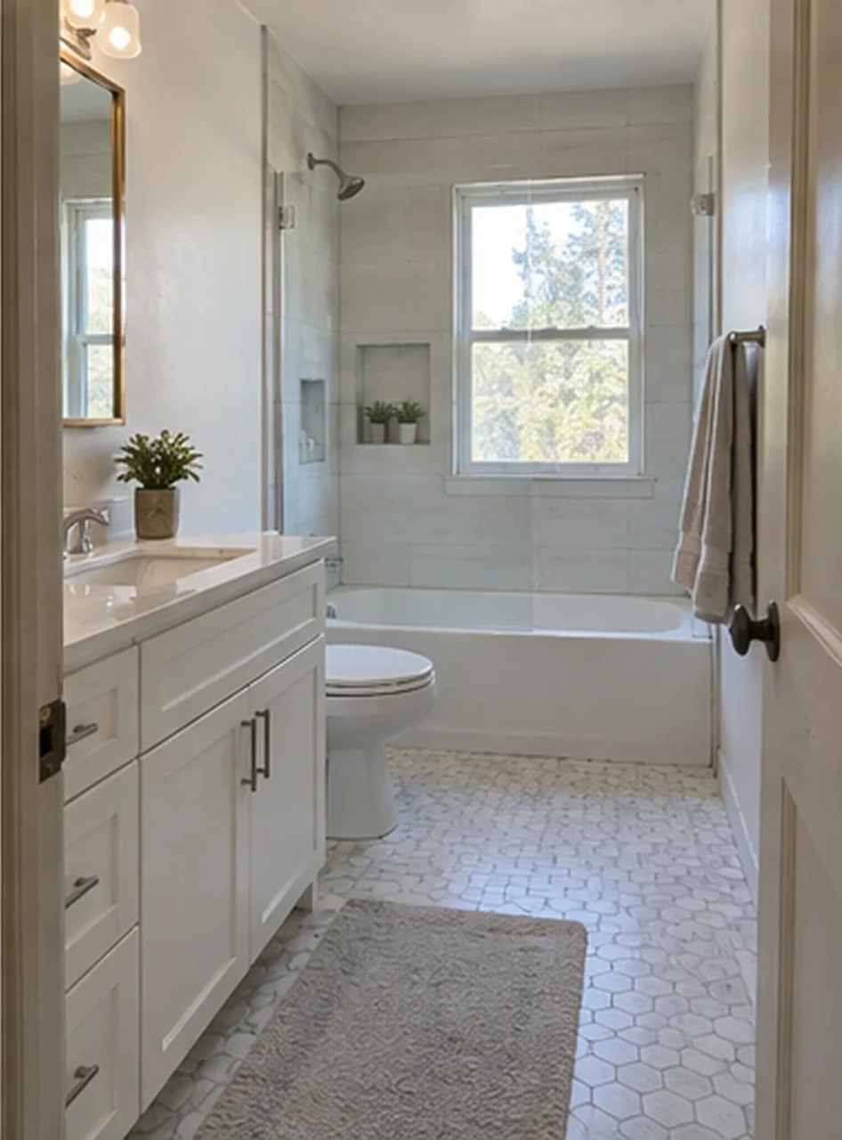 A finished hall bathroom in Niles: white vanity, tiled tub surround, hex-tile floor.