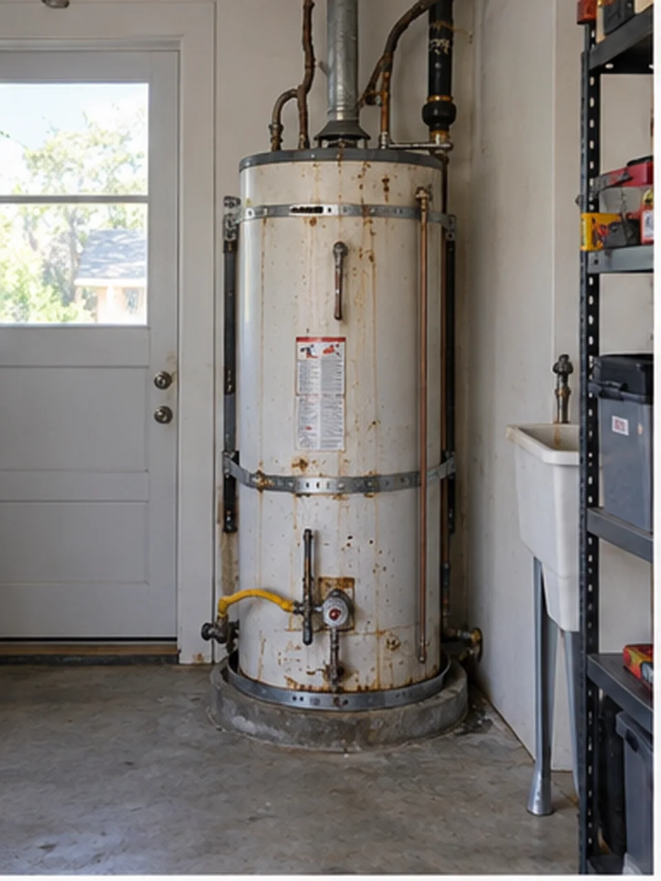 The same garage before: a rusted, leaking 40-gallon tank with corroded fittings and no drip pan.