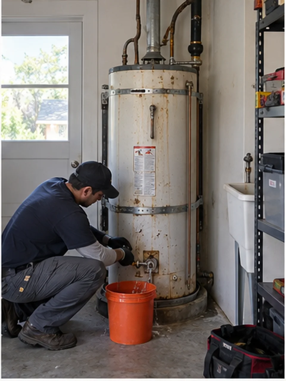 Mission San Jose water heater, Drained: Tank drained to the driveway, gas off at the appliance valve, old unit disconnected.