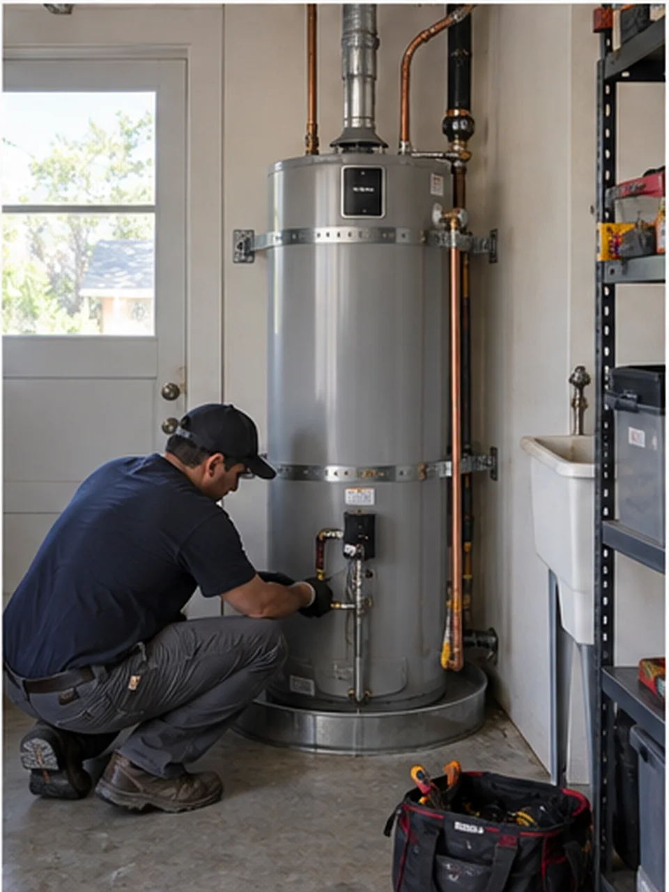 Mission San Jose water heater, Connected: New tank set, water and gas connected, expansion tank added.