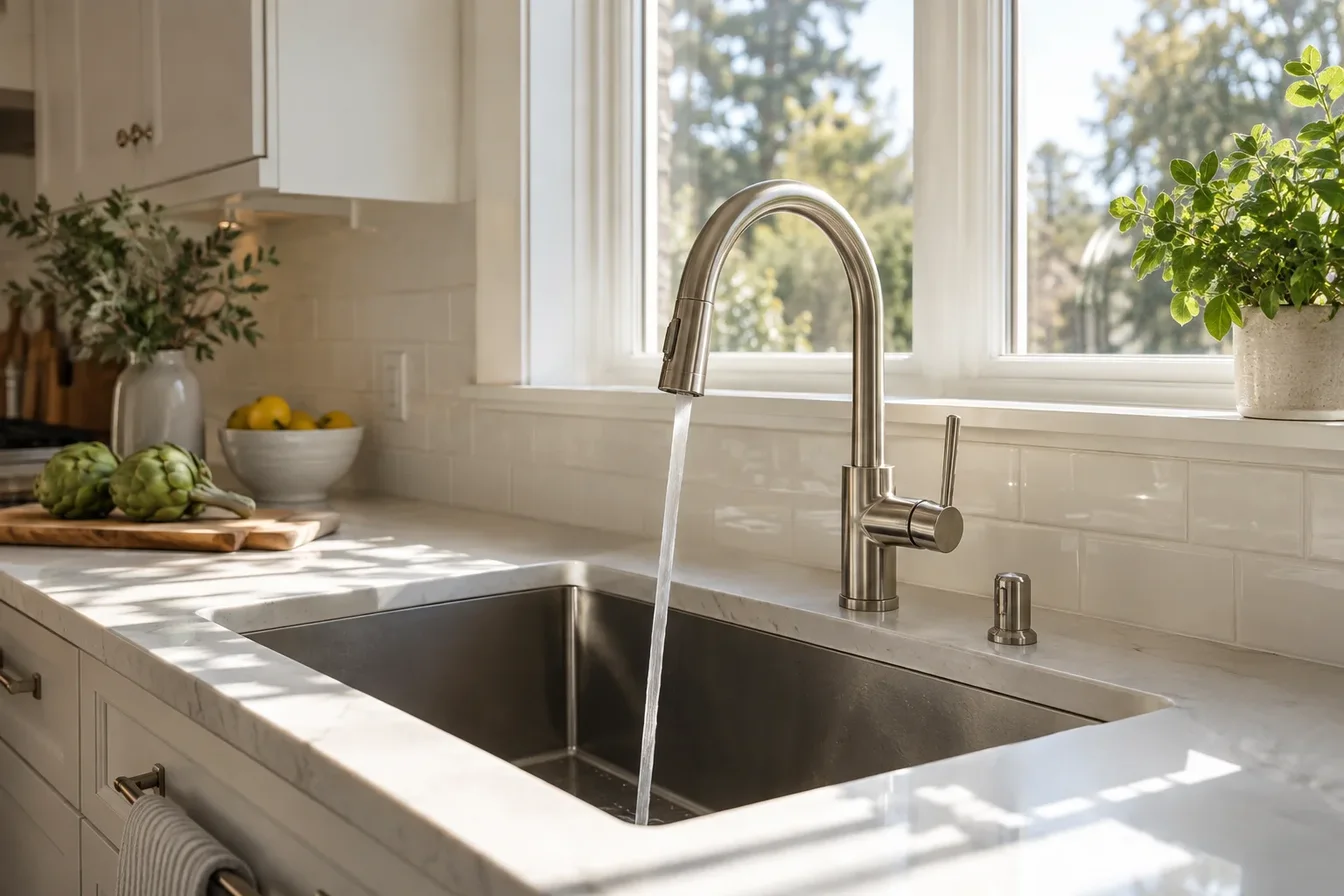 Water running from a brushed-steel kitchen faucet into a stainless sink, with a window and herbs behind.
