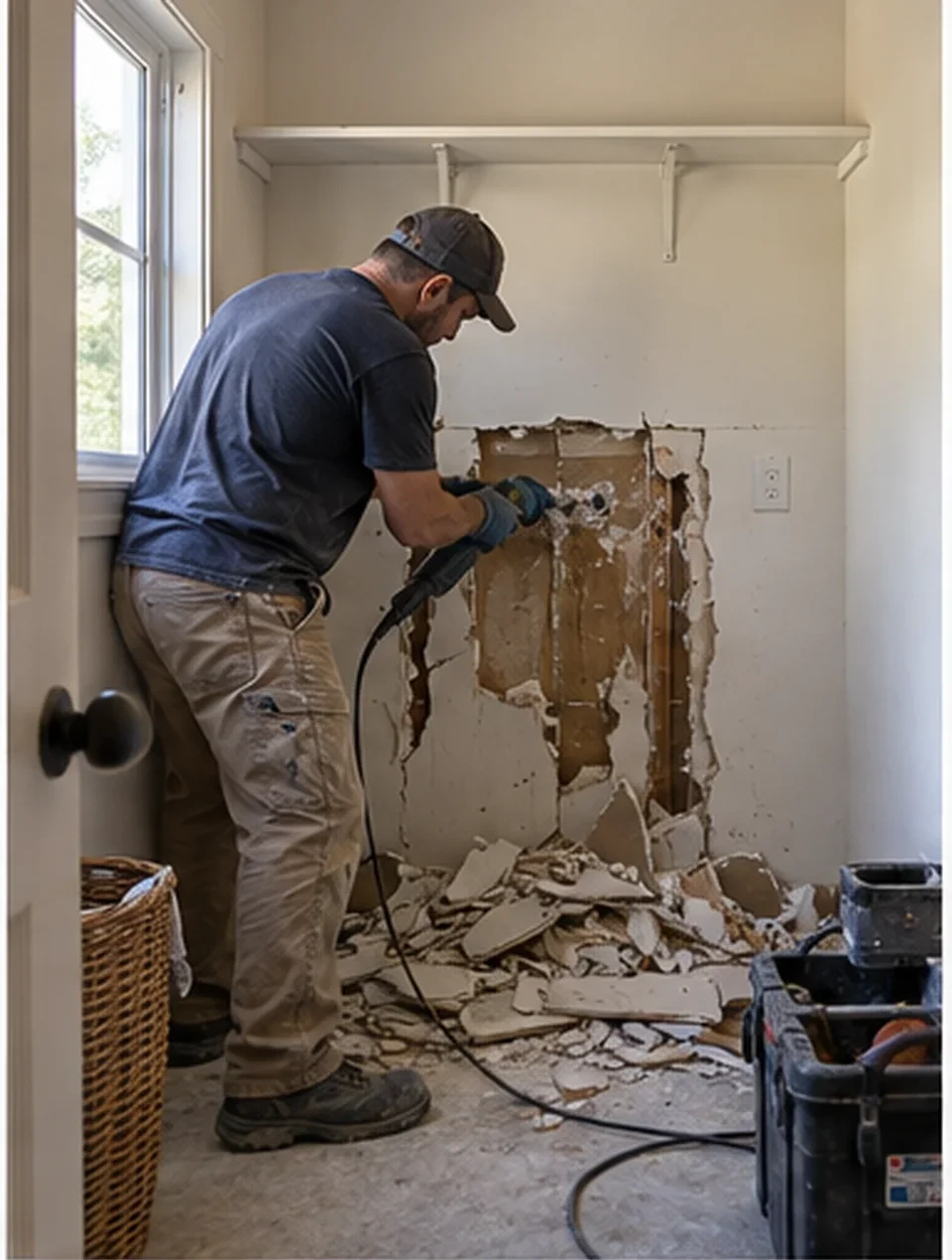 Warm Springs laundry, Opened up: Wall opened, old surface drain removed, stack route marked.