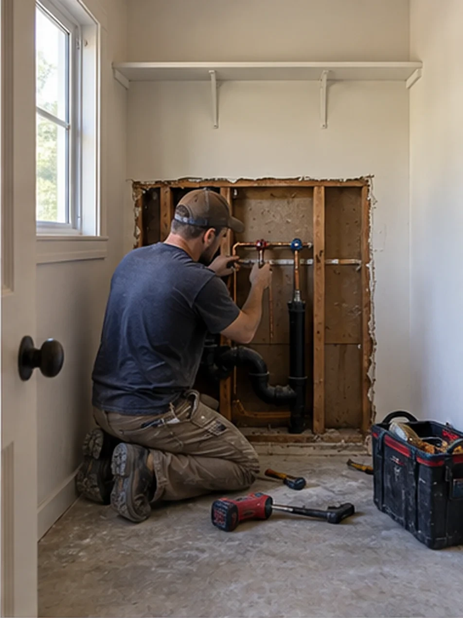 Warm Springs laundry, In the wall: Standpipe, trap and vent tie-in set; washer box recessed between studs.