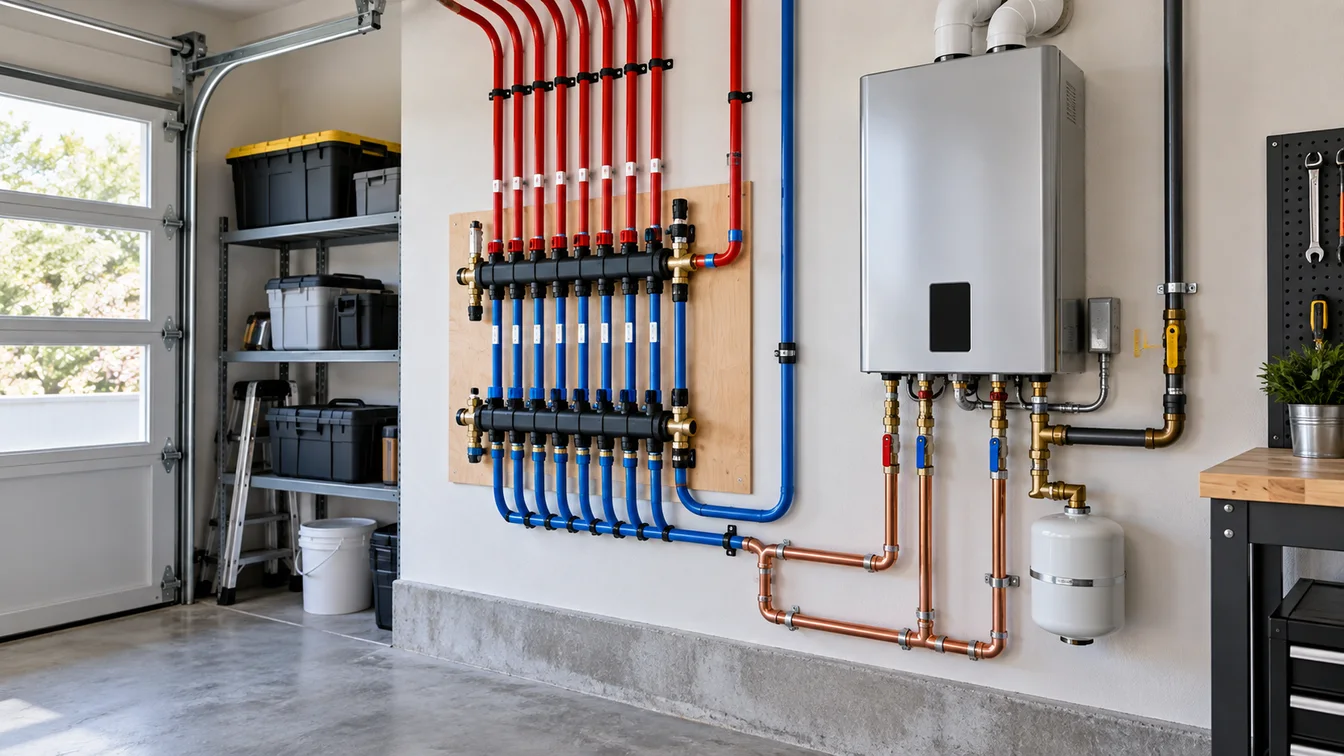A finished repipe in a clean garage: a labeled PEX manifold with blue and red lines, copper stub-outs and a new tankless heater.