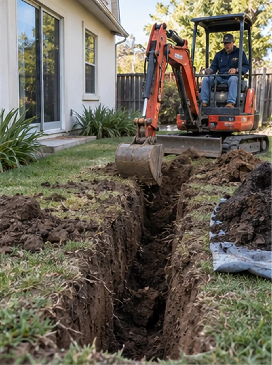 Ardenwood sewer lateral, Trenched: Turf lifted and stacked, trench to the main, old clay out.