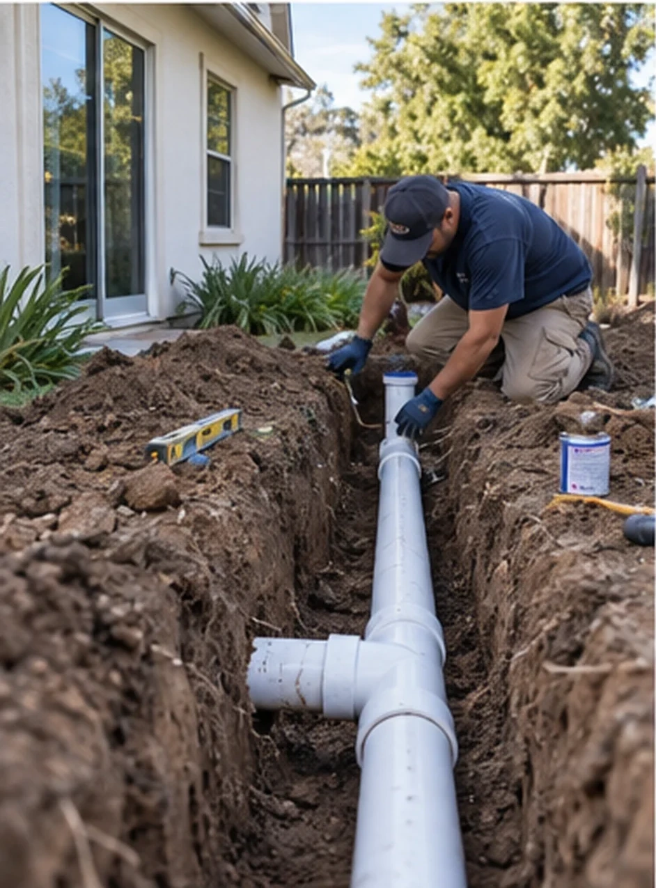 New ABS sewer lateral laid to fall in Ardenwood, with clean-outs set for the city inspection before backfill.