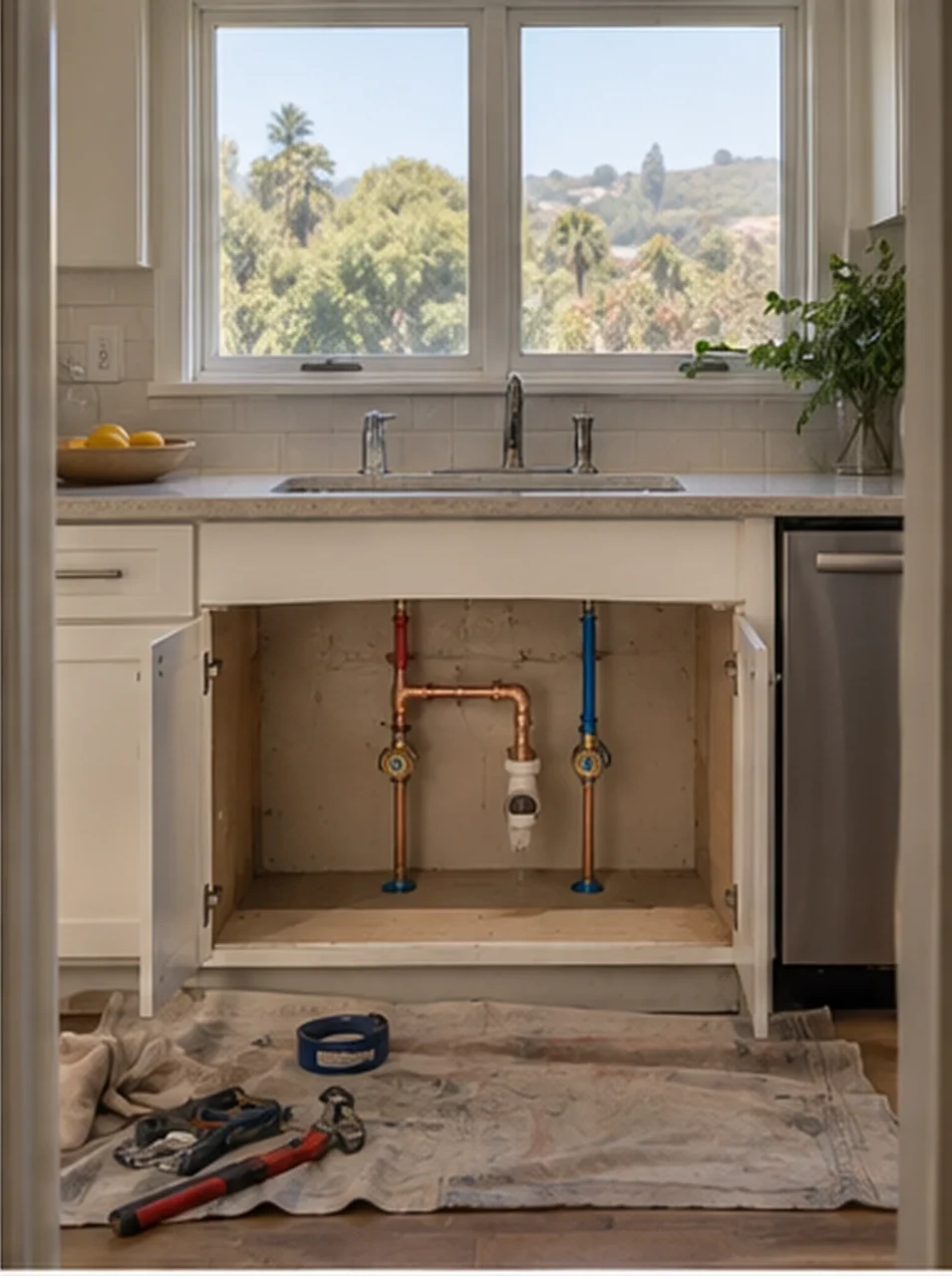 Irvington kitchen sink, Cleared out: Old trap, stops and the rotted panel removed. Cabinet dried and sealed.