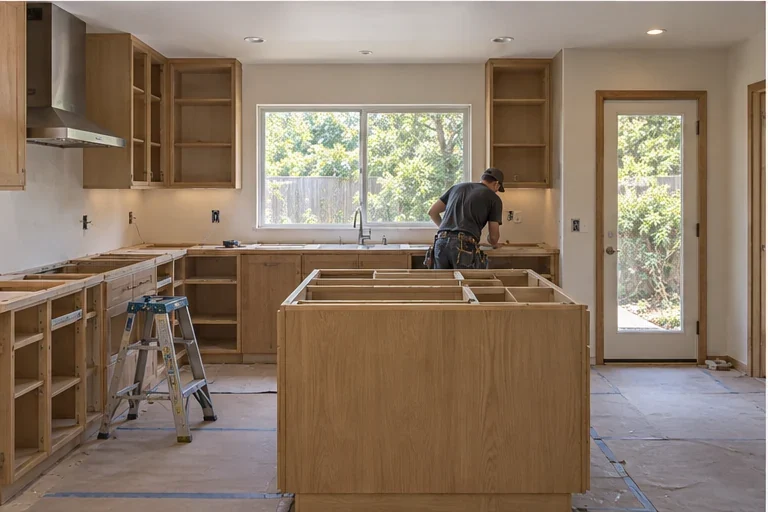 Oak cabinetry and open shelving being installed, with the island base in place